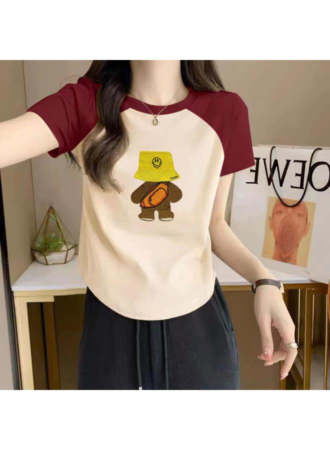 VUELO Summer New Cotton Short-sleeved T-shirt Women's Loose Slim-fit Short Contrast Color Small Top For Women 