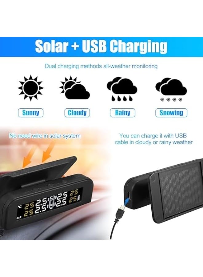 Tire Pressure Monitoring System TPMS, Wireless Solar Charger Monitor on Windowshield, 5 Alarm Modes with 4 External Sensors LCD Display Angle Adjustable Monitor for Car RV SUV and Sedans - Image 4