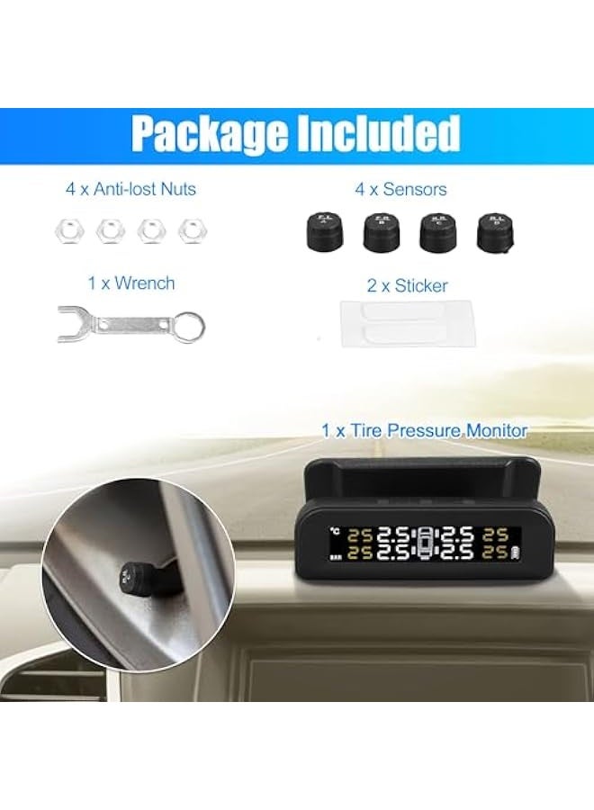 Tire Pressure Monitoring System TPMS, Wireless Solar Charger Monitor on Windowshield, 5 Alarm Modes with 4 External Sensors LCD Display Angle Adjustable Monitor for Car RV SUV and Sedans - Image 5