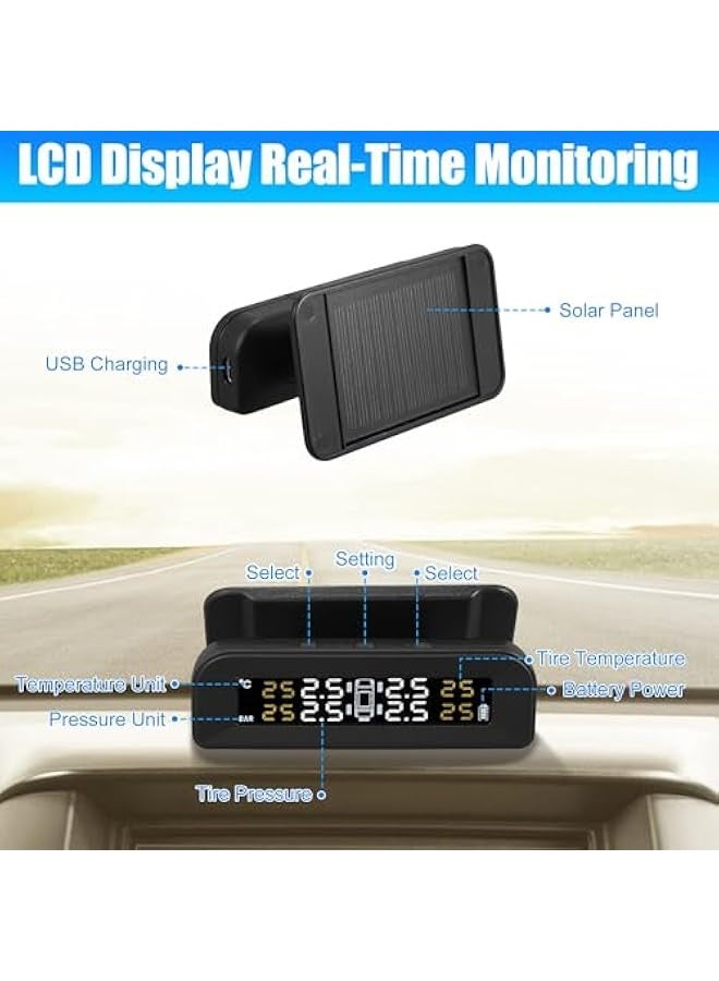 Tire Pressure Monitoring System TPMS, Wireless Solar Charger Monitor on Windowshield, 5 Alarm Modes with 4 External Sensors LCD Display Angle Adjustable Monitor for Car RV SUV and Sedans - Image 3