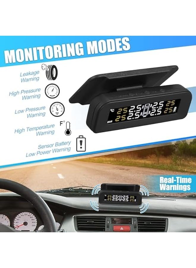 Tire Pressure Monitoring System TPMS, Wireless Solar Charger Monitor on Windowshield, 5 Alarm Modes with 4 External Sensors LCD Display Angle Adjustable Monitor for Car RV SUV and Sedans - Image 2