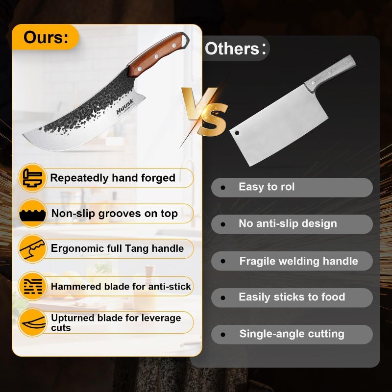 Huusk Butcher Knife for Meat Cutting, Meat Cleaver Heavy Duty with Sheath, Hand Forged Cooking Knives with Full Tang handle for Kitchen or BBQ, Christmas Gift for Men and Women - Image 3