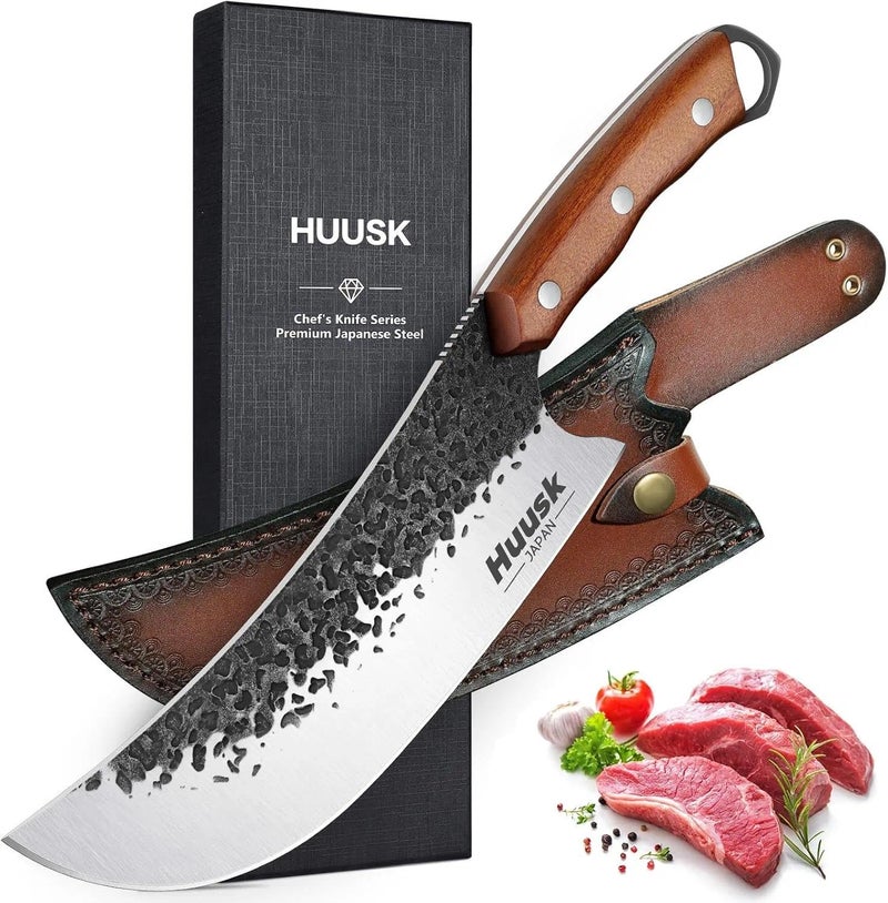 Huusk Butcher Knife for Meat Cutting, Meat Cleaver Heavy Duty with Sheath, Hand Forged Cooking Knives with Full Tang handle for Kitchen or BBQ, Christmas Gift for Men and Women - Image 1