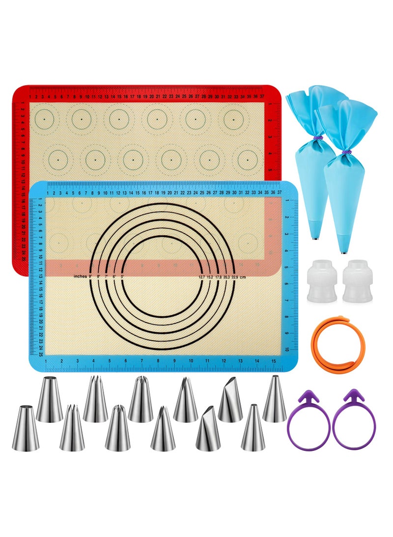 [2 Pack] Silicone Baking Mat Set,Non Stick Macaron Baking Mats Pastry Mat with Measurement,12 Pack Piping Tip,2-Pack Reusable Piping Bag, 1 Snap Band Included for DIY Cookies Pizza (42x29cm)  - Image 1