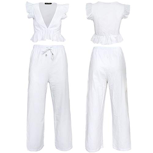 FANCYINN Womens White Two Pieces Outfits Deep V Neck Crop Top Side Slit Drawstring Wide Leg Pants Set Jumpsuits XS - Image 5