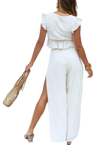 FANCYINN Womens White Two Pieces Outfits Deep V Neck Crop Top Side Slit Drawstring Wide Leg Pants Set Jumpsuits XS - Image 4