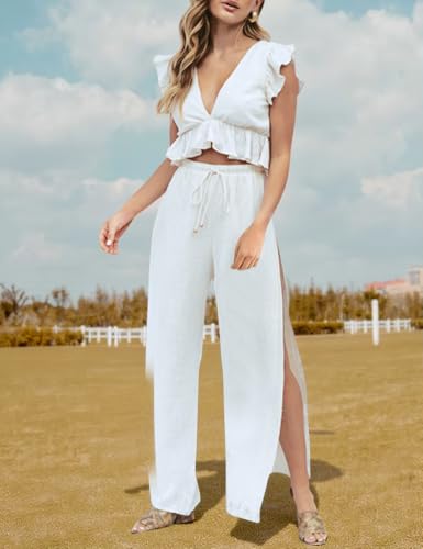 FANCYINN Womens White Two Pieces Outfits Deep V Neck Crop Top Side Slit Drawstring Wide Leg Pants Set Jumpsuits XS - Image 2