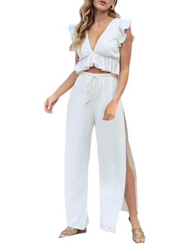 FANCYINN Womens White Two Pieces Outfits Deep V Neck Crop Top Side Slit Drawstring Wide Leg Pants Set Jumpsuits XS - Image 1