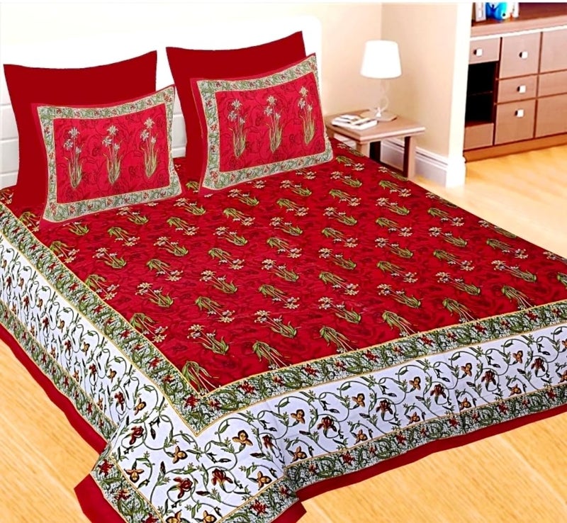 E-WISH BOX EWISH BOX 100 Cotton Rajasthani Bedsheets for Double Bed Cotton Double Bedsheet with 2 Pillow Cover_Multi - Image 1