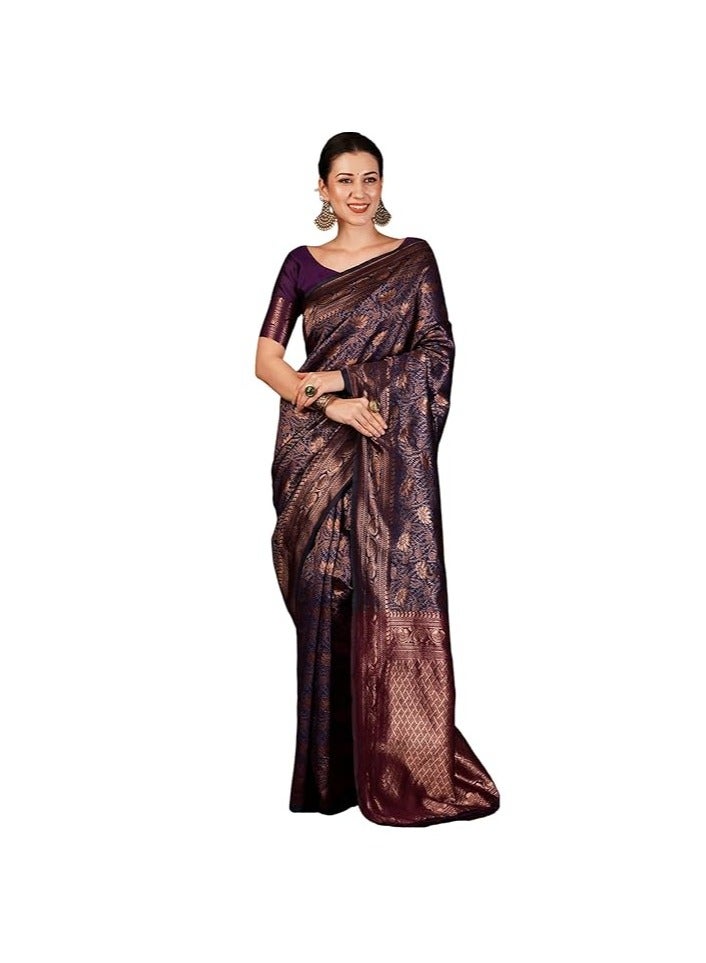 مملكة الإكسسوارات ساري كانجيفارام ناعم من باناراسي جاكار للنساء من مجموعة أكسسورايز كينجدوم مع قطعة بلوزة غير مخيطة - Image 1