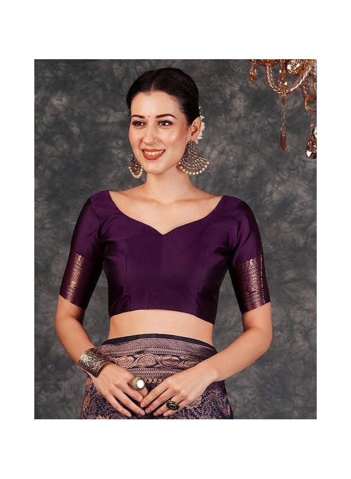 مملكة الإكسسوارات ساري كانجيفارام ناعم من باناراسي جاكار للنساء من مجموعة أكسسورايز كينجدوم مع قطعة بلوزة غير مخيطة - Image 4