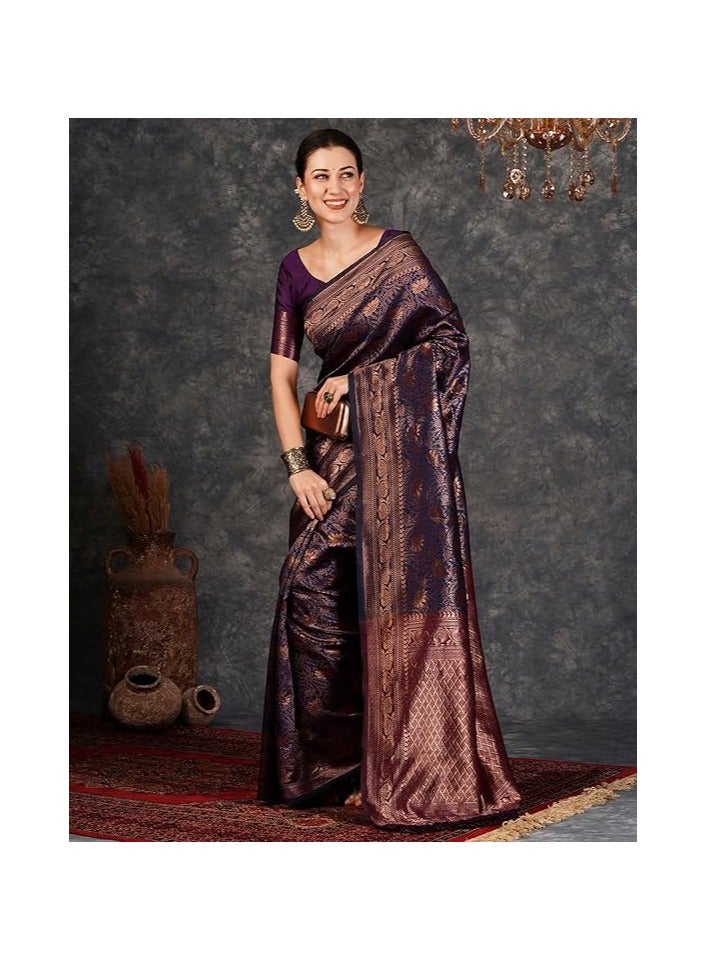 مملكة الإكسسوارات ساري كانجيفارام ناعم من باناراسي جاكار للنساء من مجموعة أكسسورايز كينجدوم مع قطعة بلوزة غير مخيطة - Image 5