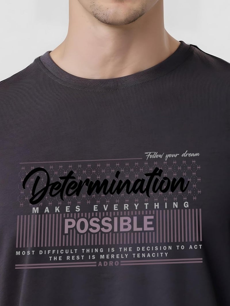 adro تي شيرت داكن رمادي مطبوع للرجال من ADRO - قطن لايكرا فاخر بقصة عادية - Image 3