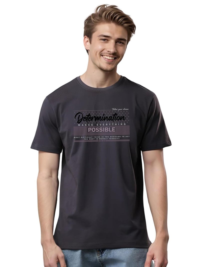 adro تي شيرت داكن رمادي مطبوع للرجال من ADRO - قطن لايكرا فاخر بقصة عادية - Image 1