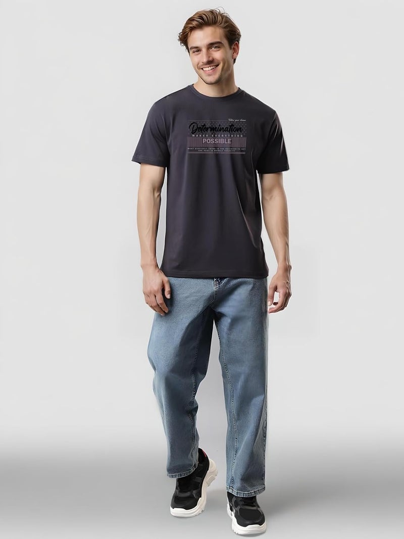 adro تي شيرت داكن رمادي مطبوع للرجال من ADRO - قطن لايكرا فاخر بقصة عادية - Image 5