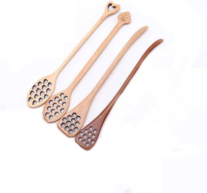 Kopida Honey Dipper 4Pcs Honeycomb Heart Pattern Honey Dippers Wooden Long Handle Honey Dipper Stirrer Server Mixing Stick Spoon Home Kitchen Supplies - Image 1