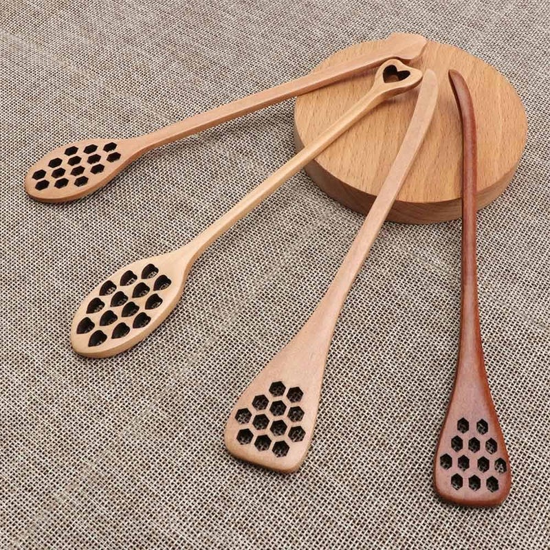 Kopida Honey Dipper 4Pcs Honeycomb Heart Pattern Honey Dippers Wooden Long Handle Honey Dipper Stirrer Server Mixing Stick Spoon Home Kitchen Supplies - Image 5