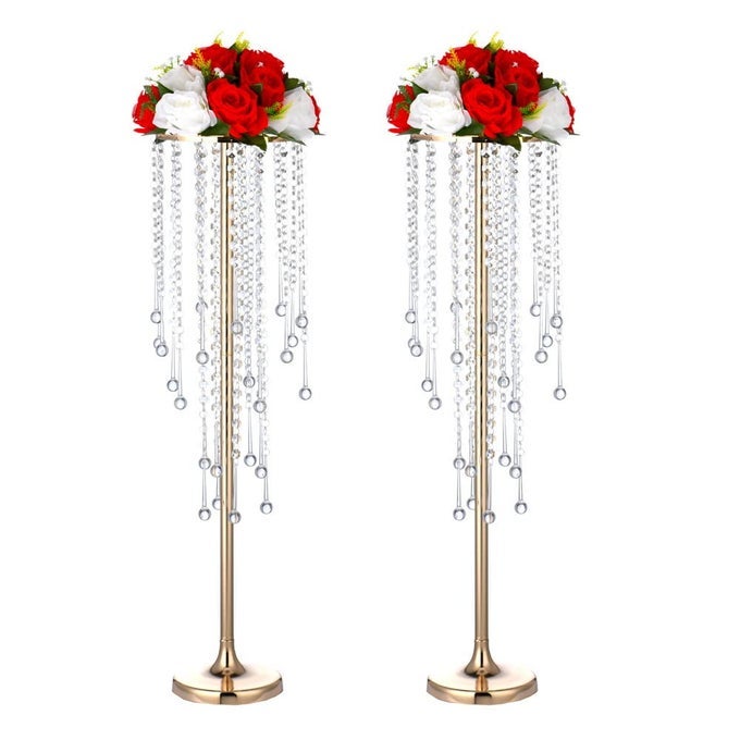 2PCS 295 INCHES GOLD FLOWER VASES WITH CHANDELIER CRYSTAL WEDDING CENTERPIECES FOR TABLES GOLD METAL FLOWER STAND ARRANGEMENT BULK METAL CENTERPIECES VASES FOR PARTY RECEPTION CEREMONY DECORATION