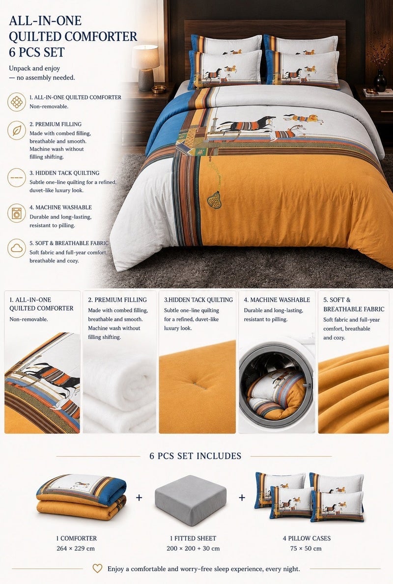 HOMETOPIA King Size 6 Piece Bedding Set Designer Hand Drawn Print Comforter Set Cooling Breathable Soft Stretch Fabric Luxury Duvet Set for AC Room - Image 4