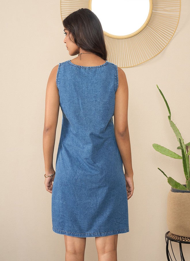 StyleStone Women's Denim A-Line Dress with V-Neck and Sleeveless Design - Image 4