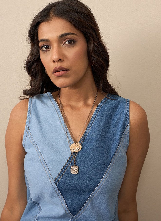StyleStone Women's Denim A-Line Dress with V-Neck and Sleeveless Design - Image 2