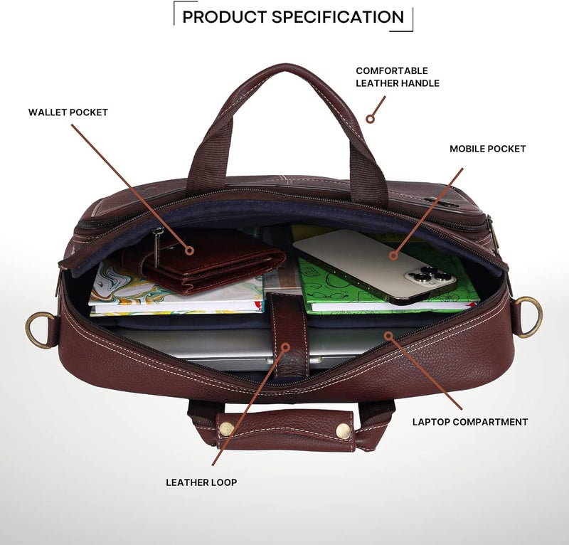 Leather Laptop Messenger Bag for Men - Brown, 16 inches - Image 3