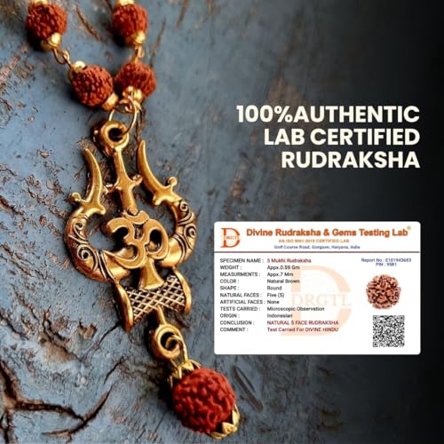 Divine Hindu ديفاين هندوسية أوم شيفا تريشول رودراكشا مالا للرجال والنساء | 5 موخي | معتمد من المختبر | مطلي بالذهب | طول 16 بوصة | للتأمل، البوجا، الزي الروحي | 7 مم - 54 خرزة - Image 3