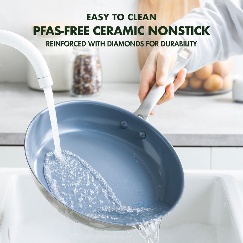 Greenpan مجموعة مقالي قلاية جرين بان تريفيسو 9.5 بوصة و 11 بوصة، غير سامة وخالية من PFAS، ستانلس ستيل مع طلاء سيراميكي غير لاصق، مناسبة للطبخ بالحث، متعددة الطبقات، حواف صب، آمنة في غسالة الصحون والفرن حتى 600° - Image 4