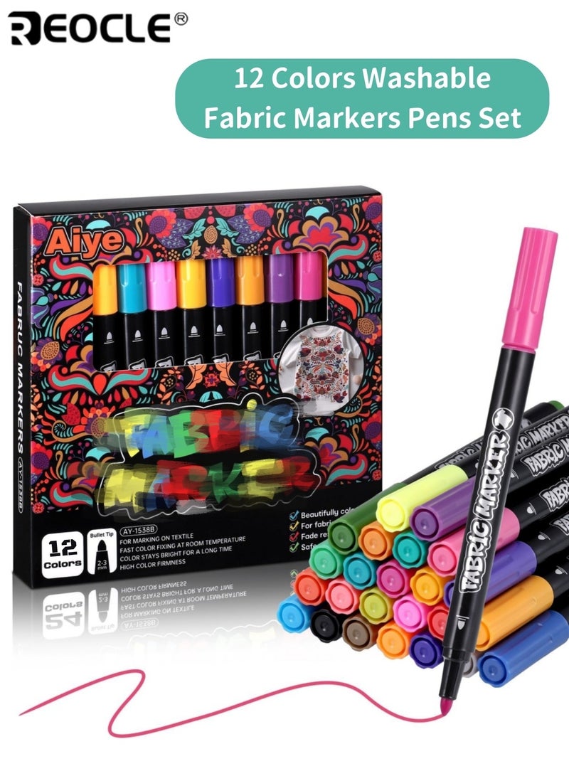 REOCLE 12 Colors Fabric Markers Pens Set Washable Non-Toxic Fabric Paint Pens Fine Point Permanent Marker for Clothes Craft Paint Pens Art Markers for Kids Adults and Craft Enthusiasts - Image 1