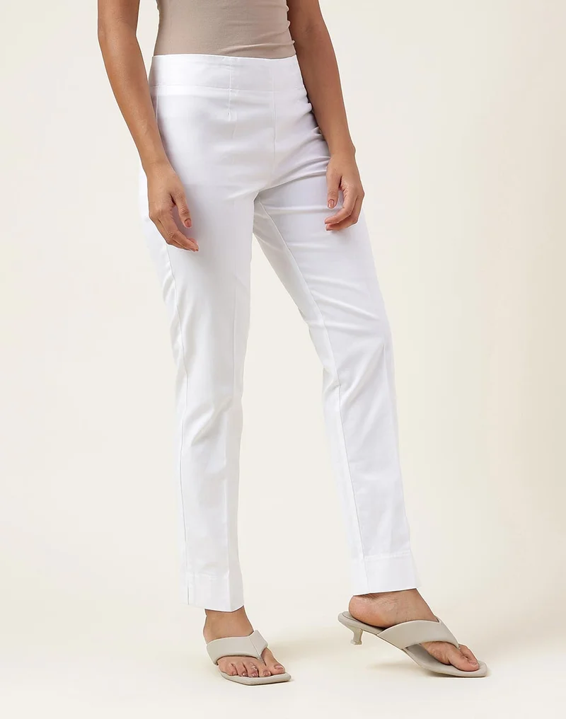 Fabindia White Cotton Blend Full Length Pant Formal