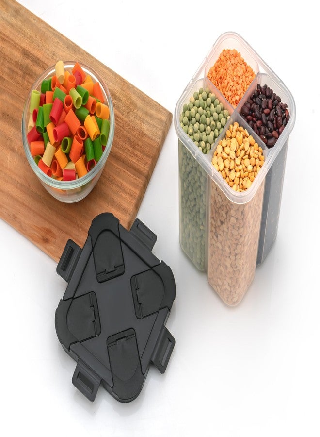 HAPPI Multipurpose Plastic 4 In 1 Masala Box for Kitchen, Spice Boxes for Kitchen, Transparent 4 Section Storage Containers Airtight Lock Grocery,Cereal,Dry Fruits Dabba 2500 Ml (Black) - Image 1