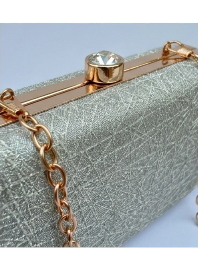 JOHN PAULS Silver Hardcase Clutch Bag for Women Handmade Metallic Box Purse with Crystal Clasp & Gold Chain Strap | Wedding, Prom & Evening Handbag for Women - Image 3