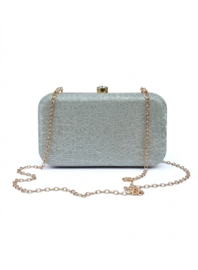 JOHN PAULS Silver Hardcase Clutch Bag for Women Handmade Metallic Box Purse with Crystal Clasp & Gold Chain Strap | Wedding, Prom & Evening Handbag for Women - Image 1