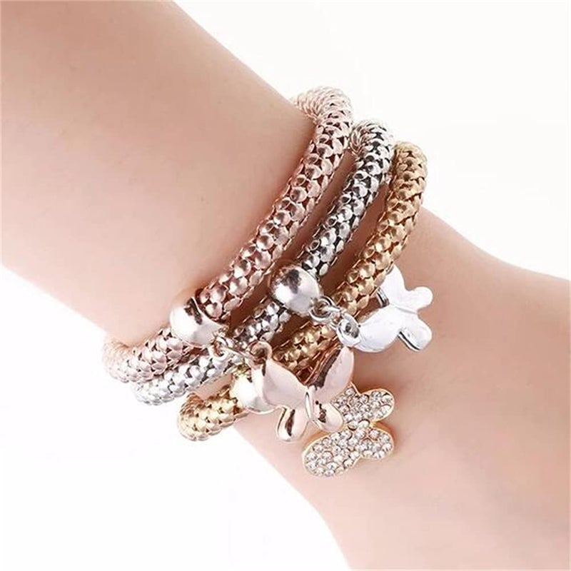 SILANER Crystal Charms Multilayer Bracelets - 3PCS Gold/Silver/Rose Gold Corn Chain Bracelet for Women, Solid Butterfly Charm Shaped Stretch Bracelet (Solid Butterfly Charm Bracelet) - Image 2