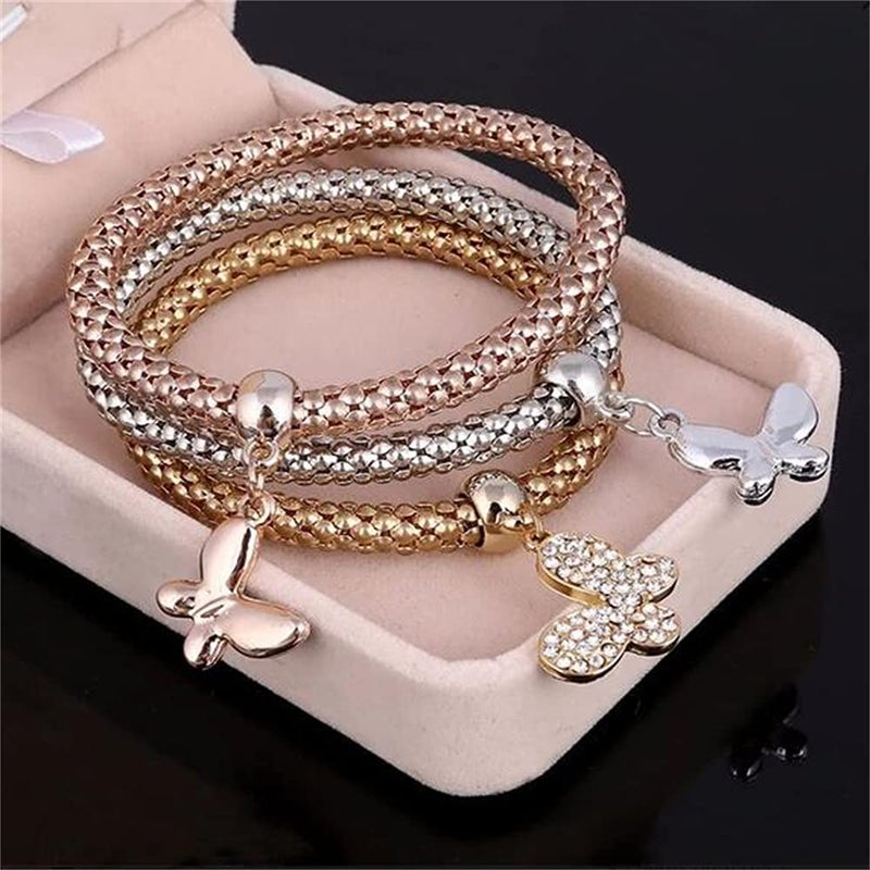 SILANER Crystal Charms Multilayer Bracelets - 3PCS Gold/Silver/Rose Gold Corn Chain Bracelet for Women, Solid Butterfly Charm Shaped Stretch Bracelet (Solid Butterfly Charm Bracelet) - Image 5