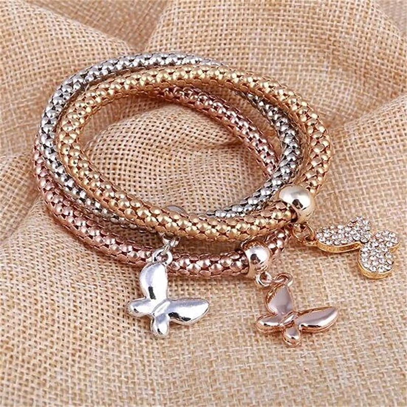 SILANER Crystal Charms Multilayer Bracelets - 3PCS Gold/Silver/Rose Gold Corn Chain Bracelet for Women, Solid Butterfly Charm Shaped Stretch Bracelet (Solid Butterfly Charm Bracelet) - Image 4