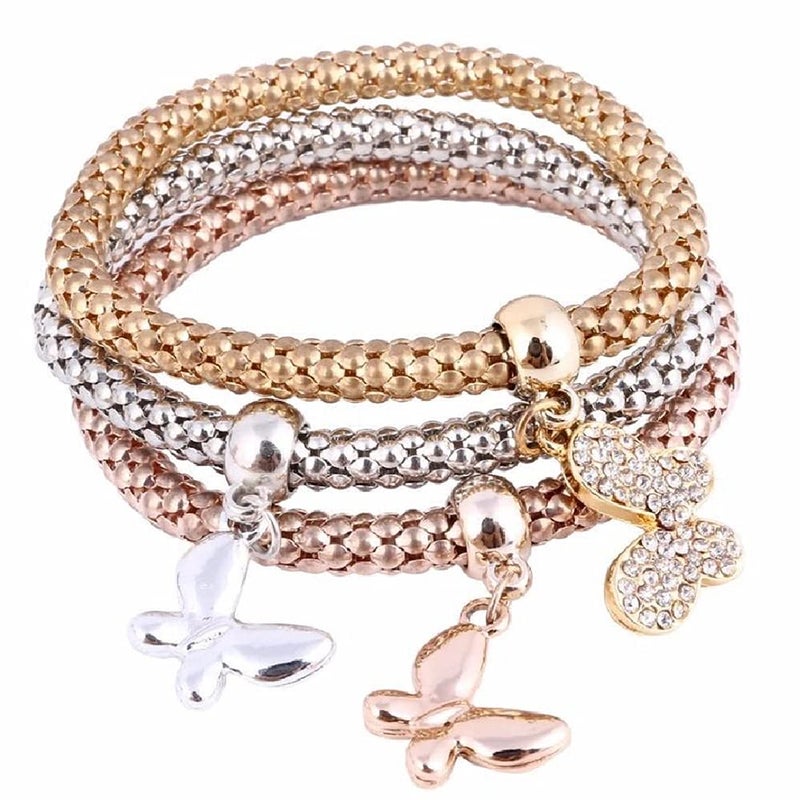 SILANER Crystal Charms Multilayer Bracelets - 3PCS Gold/Silver/Rose Gold Corn Chain Bracelet for Women, Solid Butterfly Charm Shaped Stretch Bracelet (Solid Butterfly Charm Bracelet) - Image 1