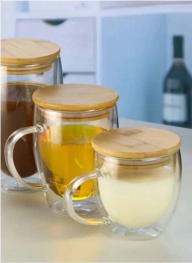 1Chase Borosilicate Double Walled Coffee Cups With Handle And Wooden Lid  250ml
