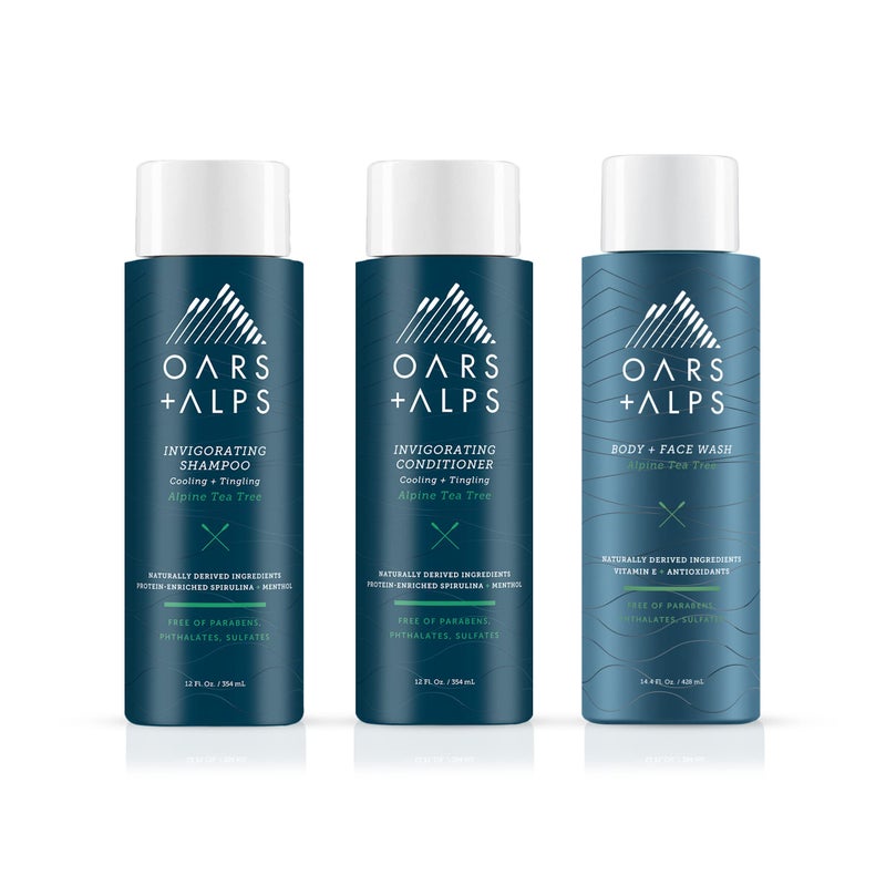 Oars + Alps Men's Sulfate Free Hair Shampoo, Conditioner, and Body Wash Kit, Moisturizing Skin Care Infused with Witch Hazel and Tea Tree Oil, Alpine Tea Tree Scent - Image 1