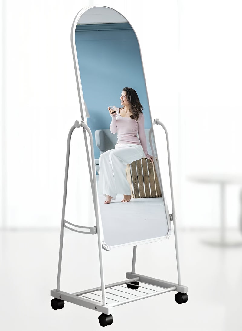 Taimi Full Length Mirror with Adjustable Stand, Wheels and Bottom Storage, Floor Mirror for Bedroom and Living Room, White - 160x38cm  - Image 1