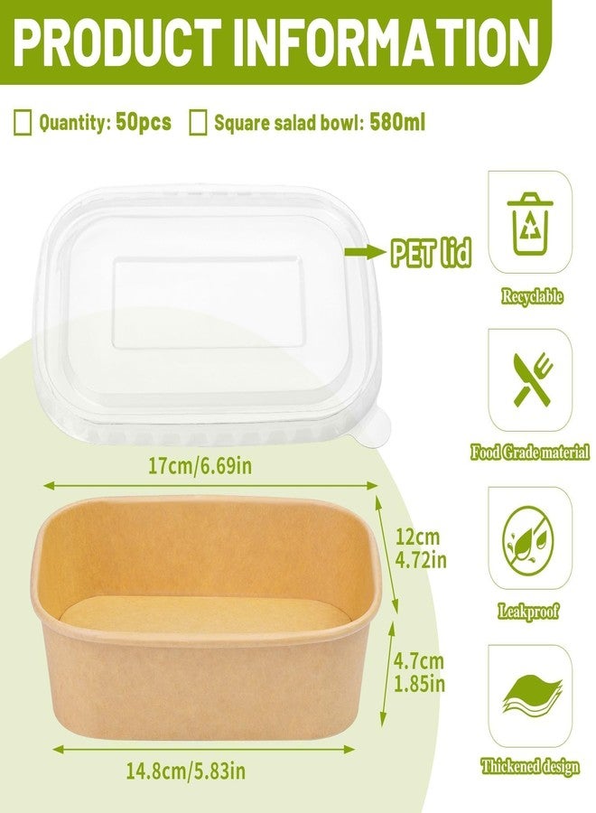 BALDCC 19 oz 50 Pcs Paper Bowls, 580ml Disposable Salad Bowls with Lids, Square Kraft Paper Bowl, Disposable Food Containers with Lids for Salad, Soup, Snacks, Desserts - Image 2