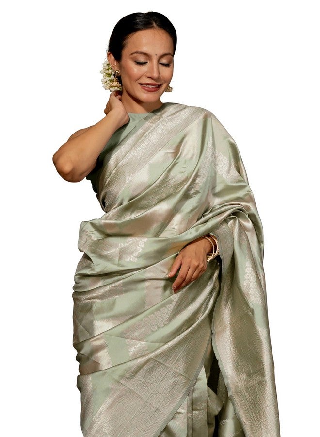 Subham Women's Silk Cotton Banarasi Soft Saree with Blouse Piece | Jacquard Design Kanjivaram Sarees (45917 - Light Olive Green, Golden) - Image 1