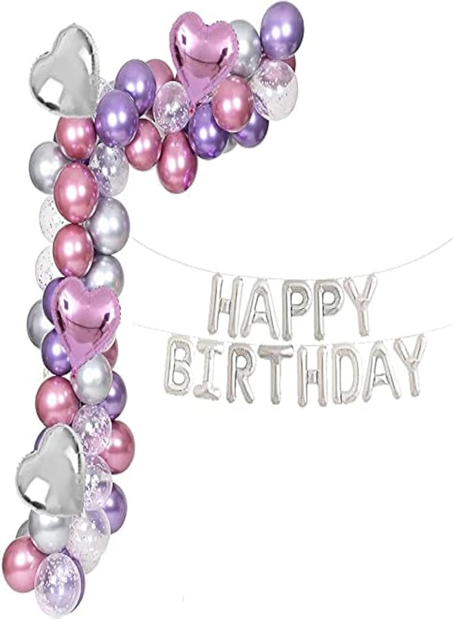 Secret Happy Birthday Banner Balloons Purple Metallic Chrome Pink Silver Balloons Arch Kit 62 Pcs 4pcs Heart Shape Foil Balloons