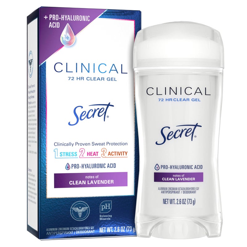 Secret Clinical Strength Antiperspirant Deodorant for Women, 3X Stress Protection, 72hr Sweat & Odor Protection, PH Balancing Minerals, Clear Gel, Clean Lavender Scent, 2.6 oz - Image 1