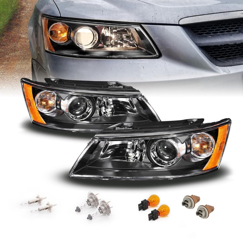 AmeriLite for 20062008 Hyundai Sonata Black Replacment Projector Headlights Pair wBulbs Driver and Passenger Side