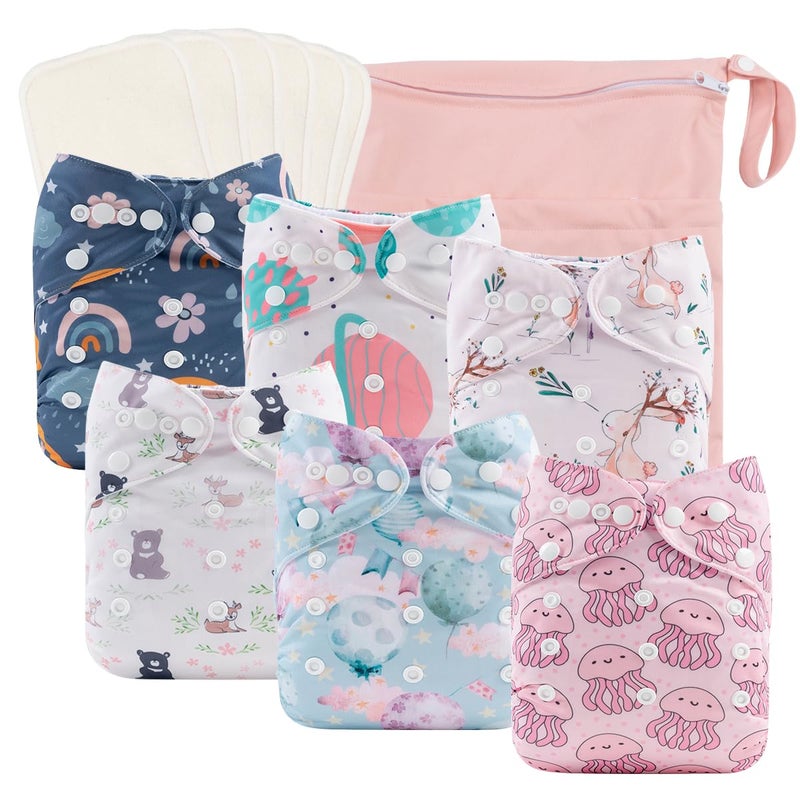 babygoal Reusable Cloth Diapers 6 Pack+6pcs Rayon from Bamboo Inserts+Wet Bag, One Size Adjustable Washable Pocket Nappy Covers for Baby Girls and Boys 6FG38 - Image 1
