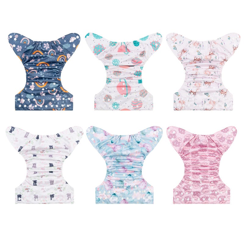 babygoal Reusable Cloth Diapers 6 Pack+6pcs Rayon from Bamboo Inserts+Wet Bag, One Size Adjustable Washable Pocket Nappy Covers for Baby Girls and Boys 6FG38 - Image 2