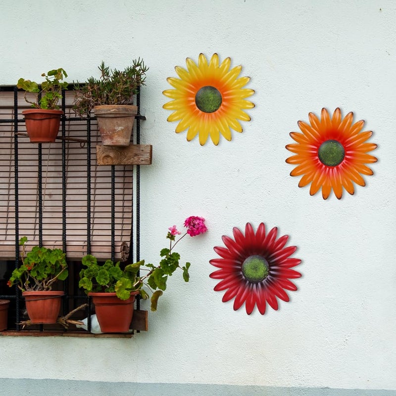 hogardeck Metal Flower Wall Decor - 3 Pcs 9" Outdoor Wall Art Backyard Decorations Hanging for Kitchen, Living Room, Bathroom, Garden - Image 5