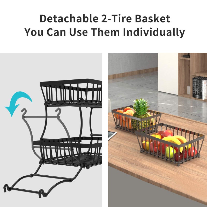 Kitwe سلة فواكه من كيتوي بطبقتين لمطبخك مع 2 حامل موز، وعاء فواكه لمطبخك، حامل فواكه كبير، تخزين الفواكه والخضروات، حامل الفواكه للوجبات الخفيفة، البصل، الخبز - Image 5