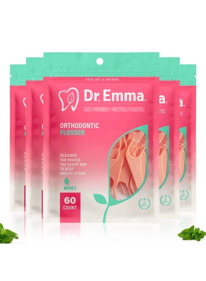 Dr.Emma Dr. Emma Orthodontic Flossers for Braces, Ortho Dental Floss Picks, Mint Flavor 60 Count/Bag (Pink, 5pack) - Image 1